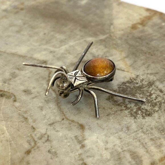 Sterling Silver 925 Oval Tigers Eye Cabochon Spider Critter Dainty Bug Brooch - Picture 12 of 16